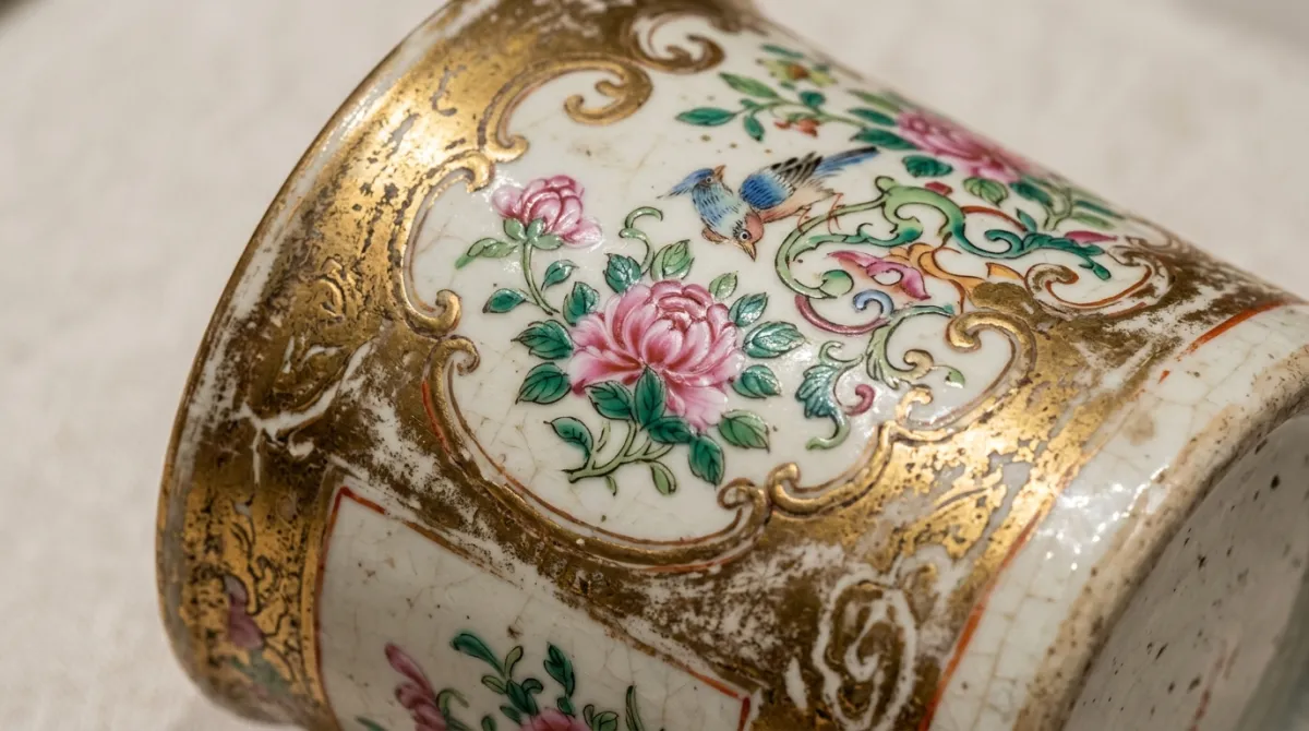 Close-up of Rose Medallion brushwork and gilding